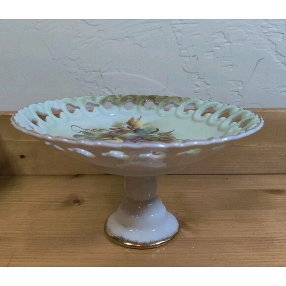 Lefton Vintage Hand Painted Pedestal Pierced Compote Dish Gilded Fruit 7x4" - Picture 3 of 9